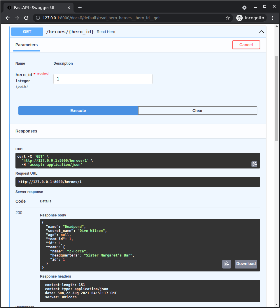 Interactive API docs UI getting a single hero with team